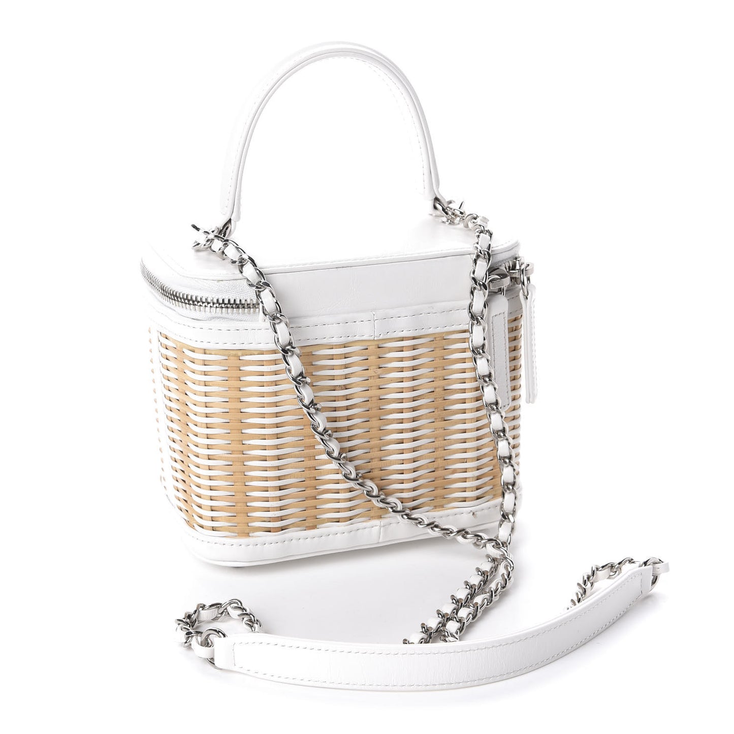 Calfskin Raffia Small Vanity Case Bag White Beige