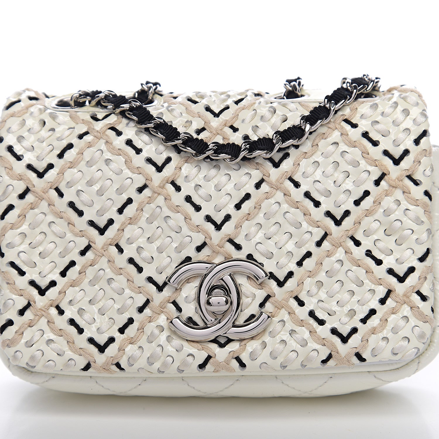 Chanel Patent Perforated Woven Mini Flap White Black 9 of 9
