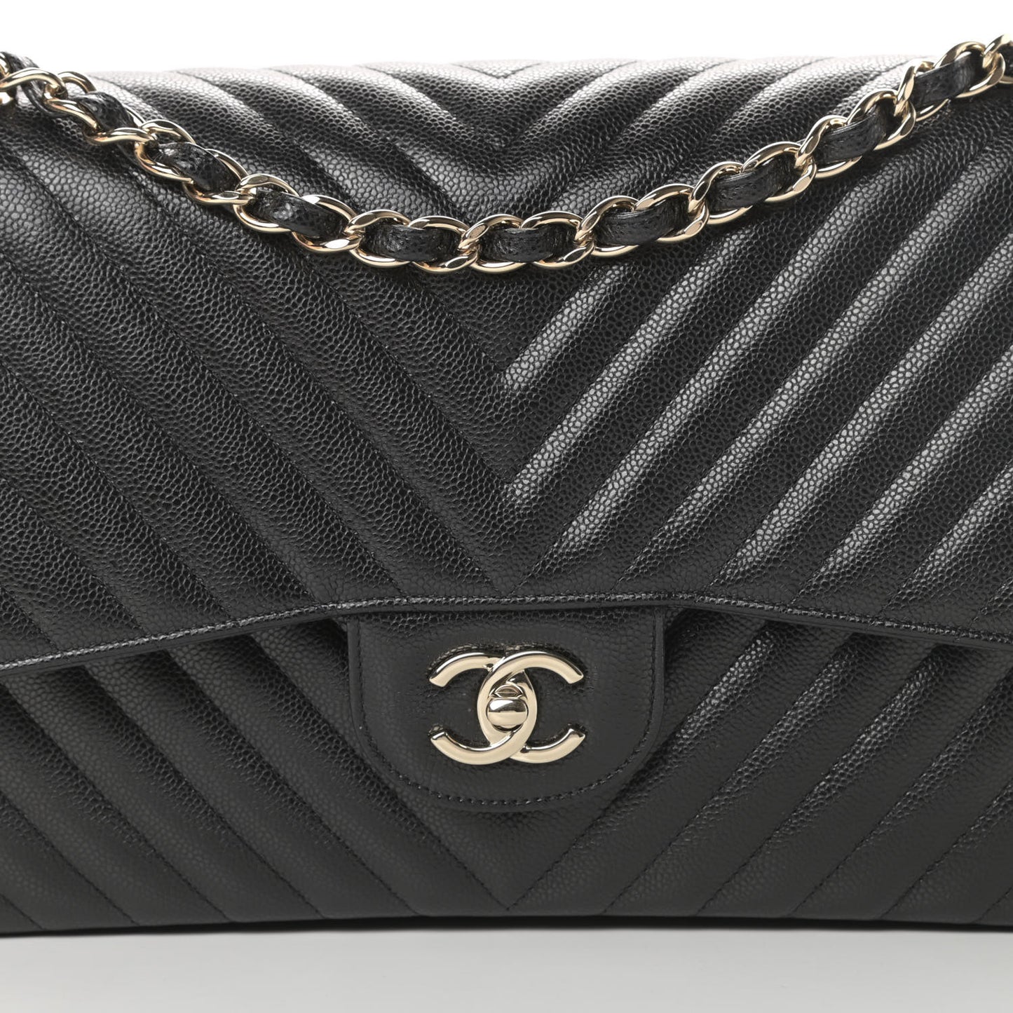 Caviar Chevron Quilted Jumbo Double Flap Black
