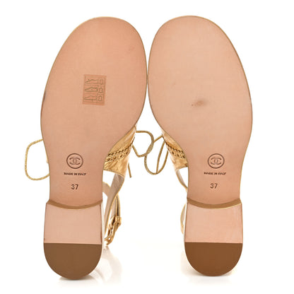 Chanel Metallic Calfskin CC Brogue Lace Up Ankle Strap Oxford Peep Toe Sandals 37 Gold 5 of 12