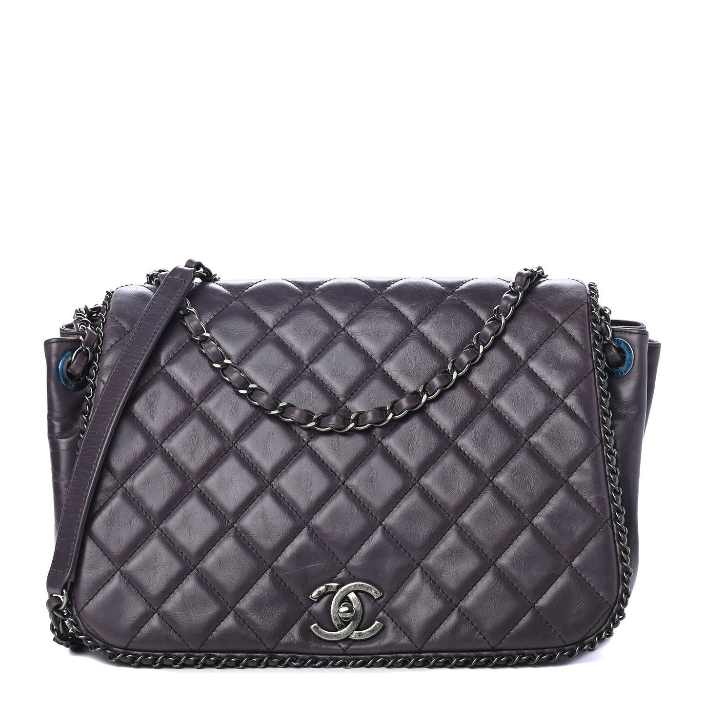 Calfskin Quilted Large CC Enchained Accordion Flap Grey