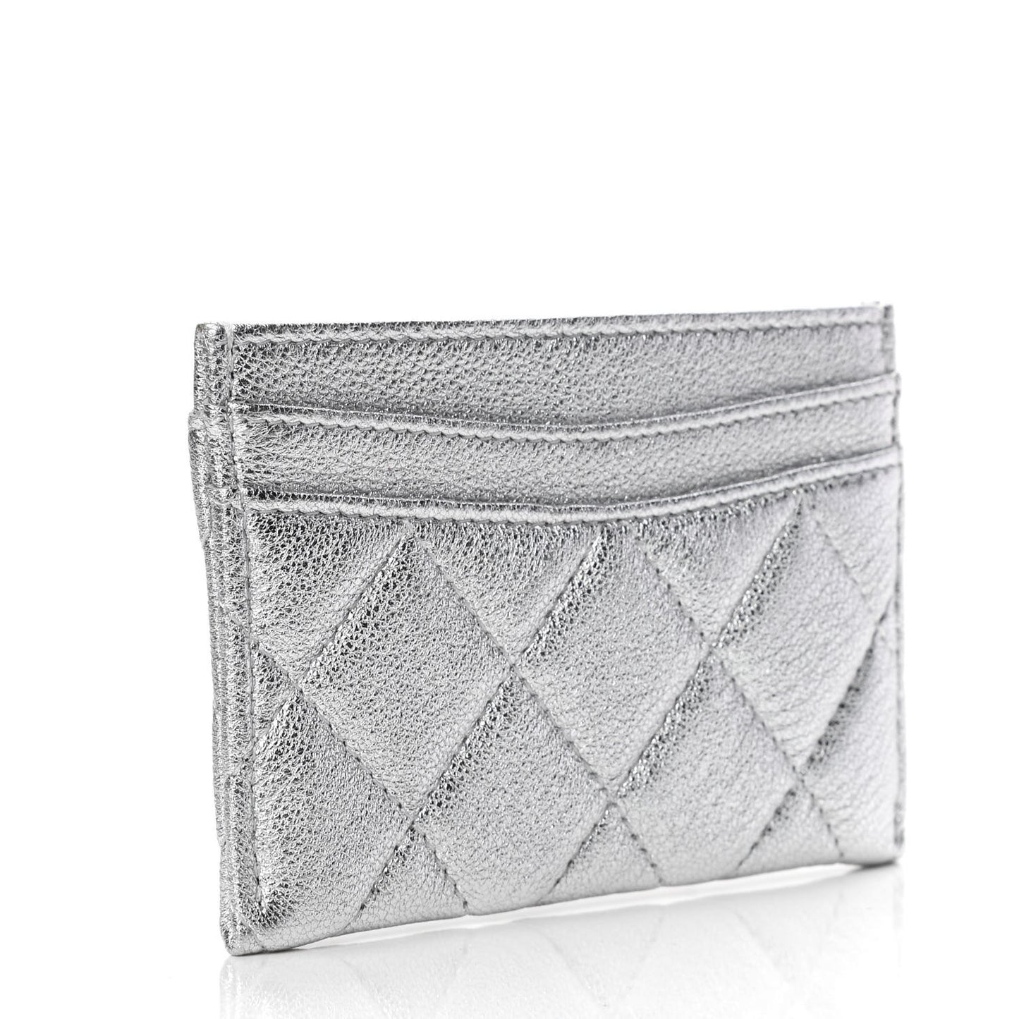 Metallic Lambskin Quilted Card Holder Silver