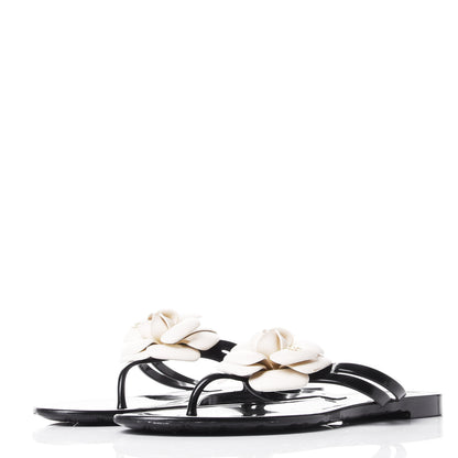 Chanel Jelly Camellia Thong Sandals 40 Black Ivory 3 of 10