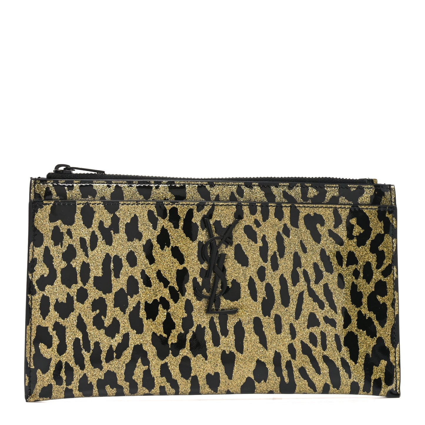 Patent Glitter Leopard Monogram Zip Pouch Gold Black