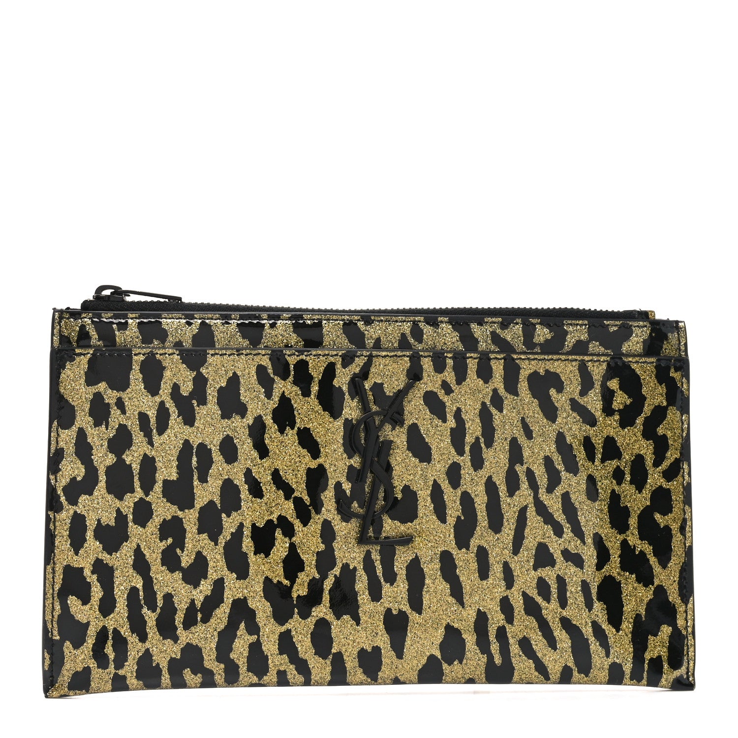 Saint Laurent Patent Glitter Leopard Monogram Zip Pouch Gold Black 1 of 6