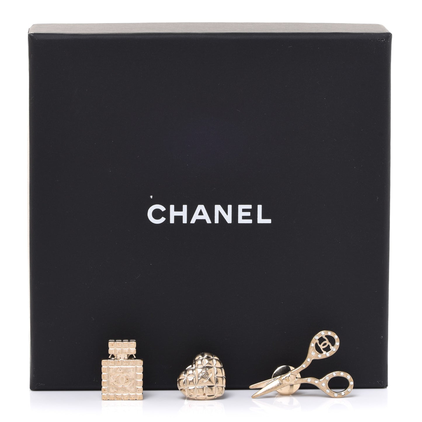 Metal Strass Crystal Quilted CC Heart Scissors Perfume Brooch Set Gold