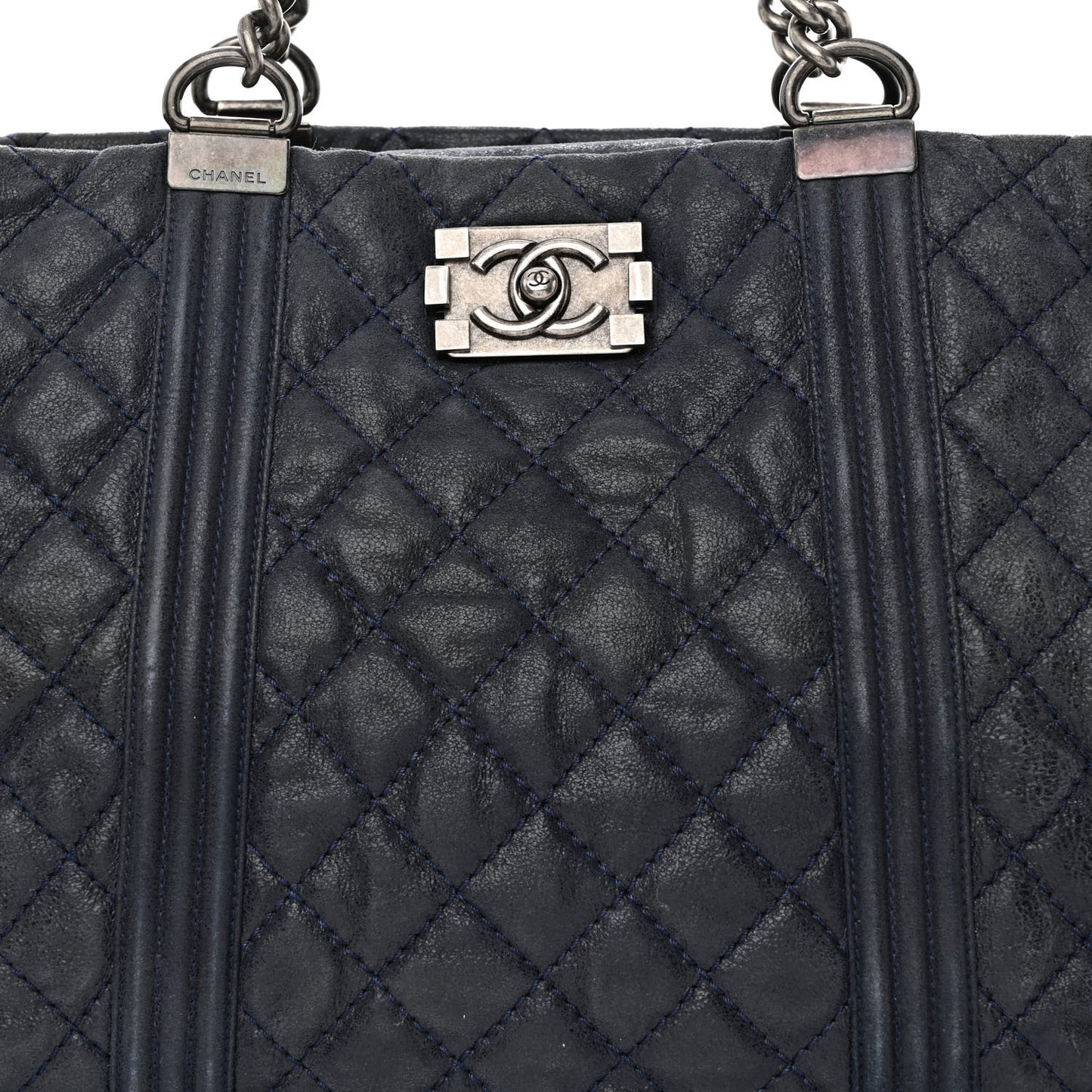 Iridescent Calfskin Quilted Large Gentle Boy Shopping Tote Navy