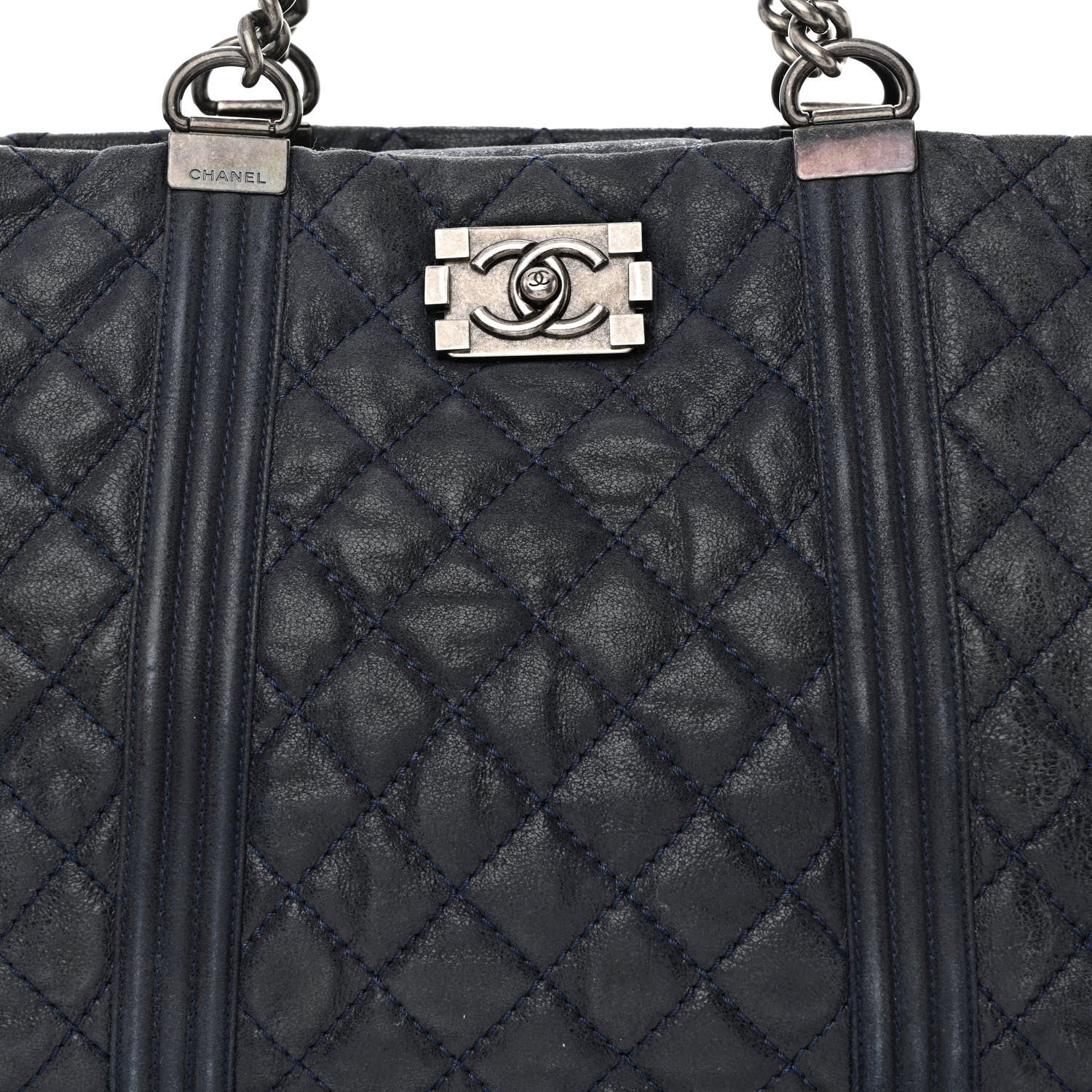 Chanel Iridescent Calfskin Quilted Large Gentle Boy Shopping Tote Navy 8 of 11