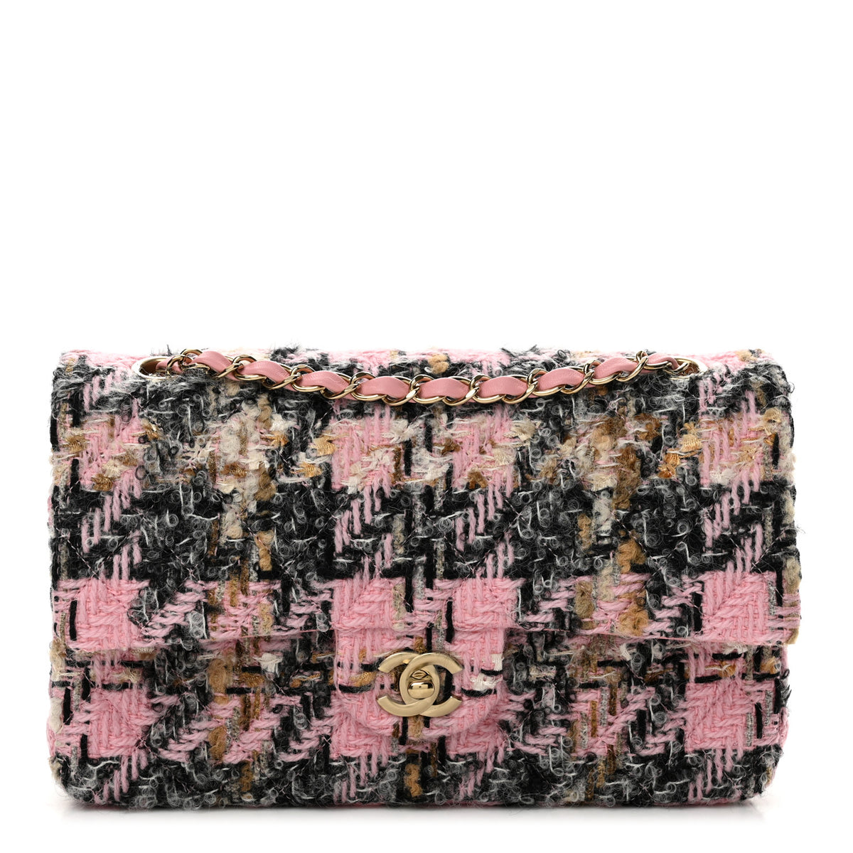 Tweed Houndstooth Quilted Medium Flap Pink Black Beige Ecru