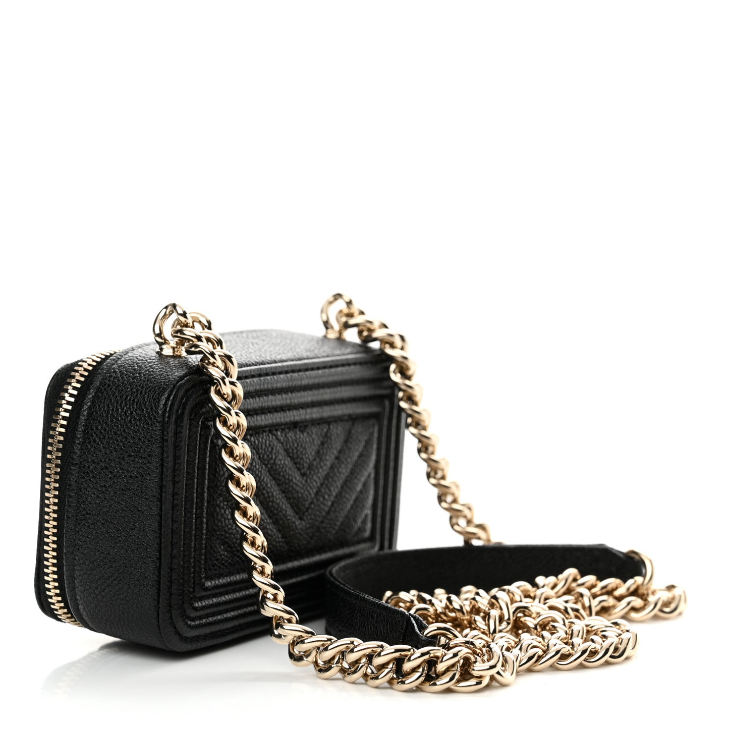 Caviar Chevron Quilted Mini Boy Clutch With Chain Black