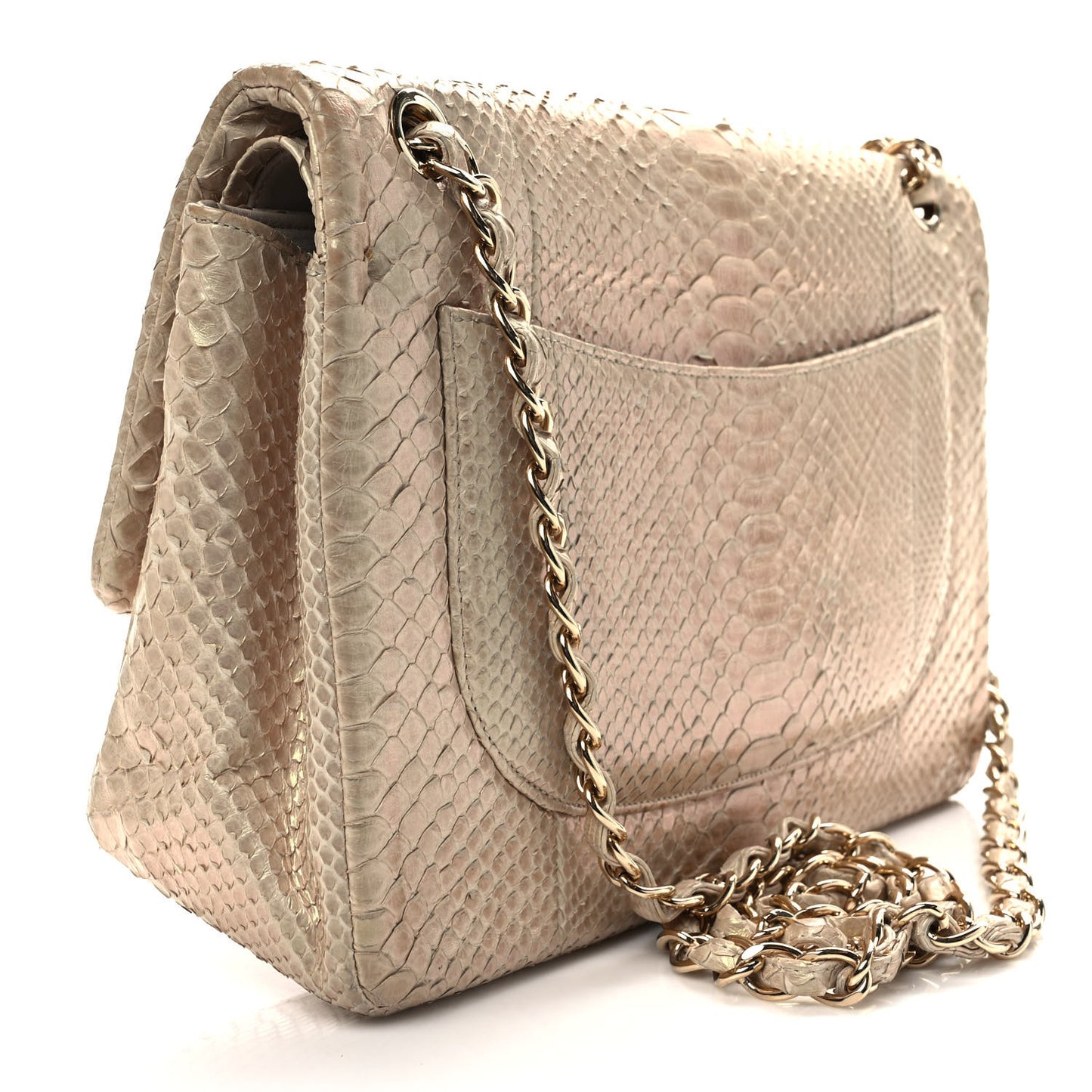 Metallic Snakeskin Jumbo Double Flap Light Beige