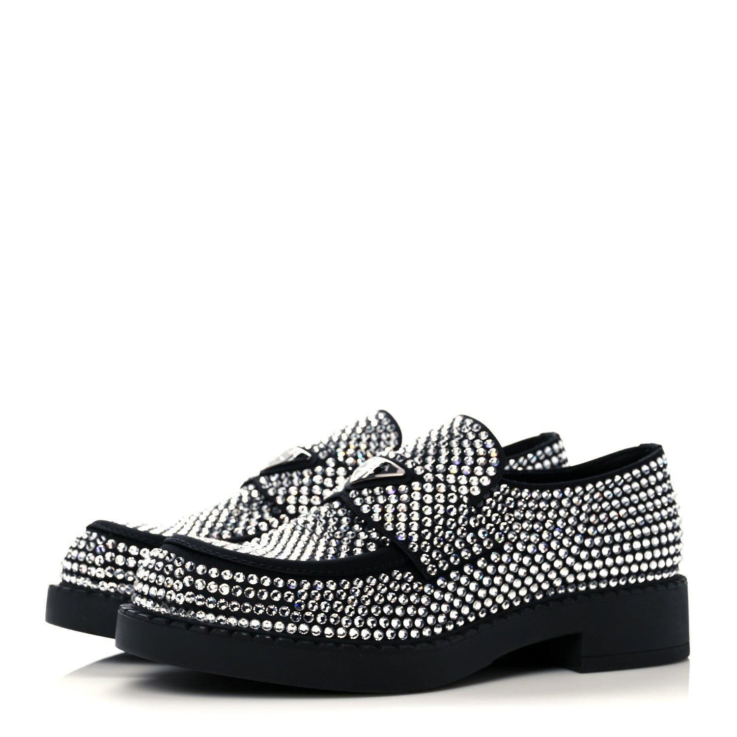 this is an image of a pair of Prada Satin Crystal Metal Triangle Logo Loafers by FASHIONPHILE