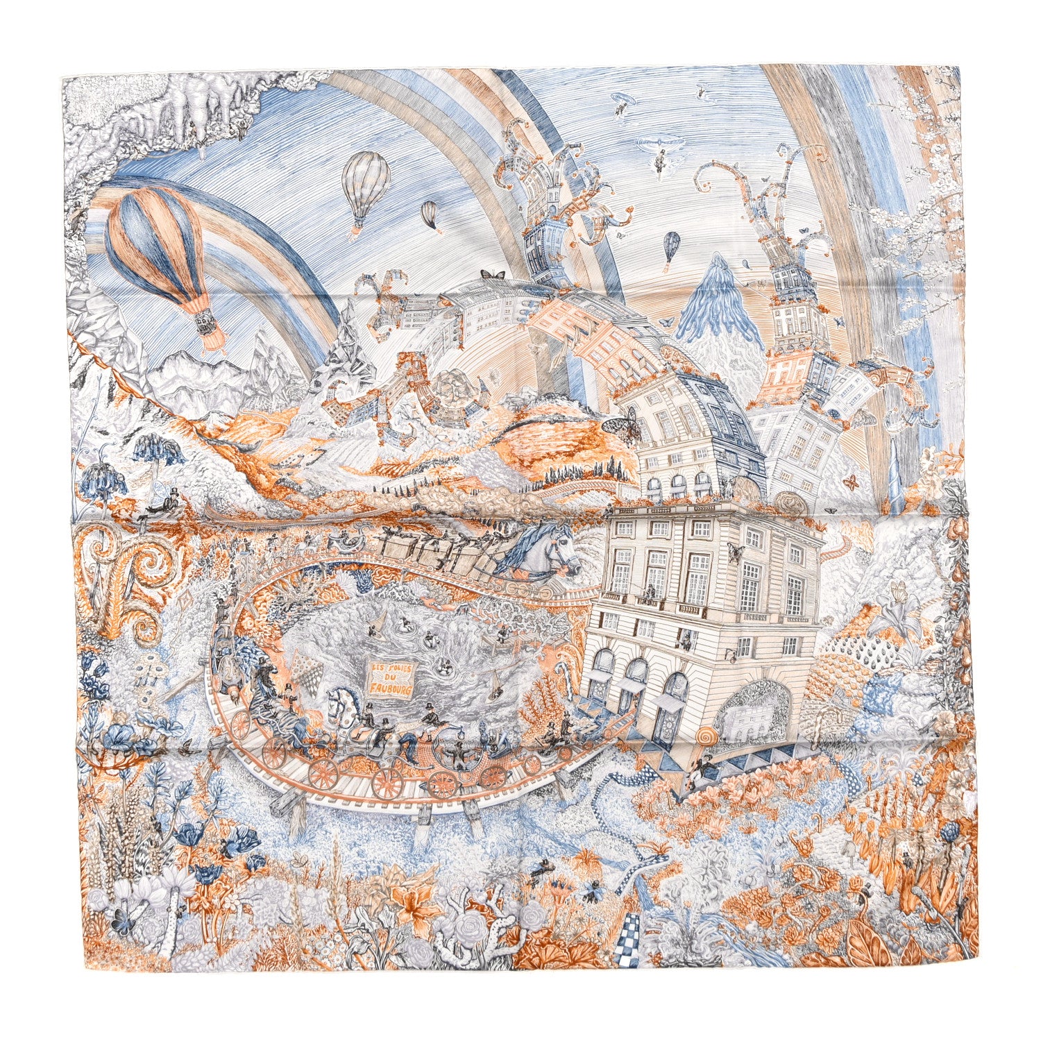 Hermes Silk Les Folies Du Faubourg Scarf 90 Bleu Jean Anthracite Cannelle 1 of 4