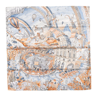 Hermes Silk Les Folies Du Faubourg Scarf 90 Bleu Jean Anthracite Cannelle 1 of 4