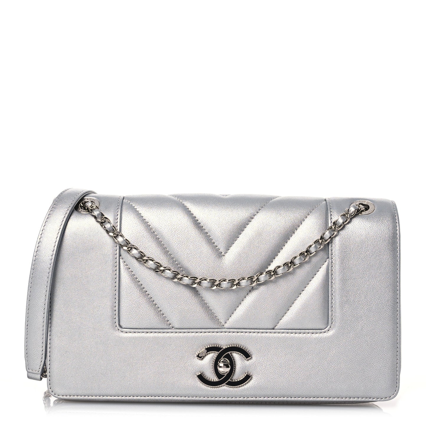Metallic Sheepskin Chevron Quilted Medium Vintage Mademoiselle Flap Silver