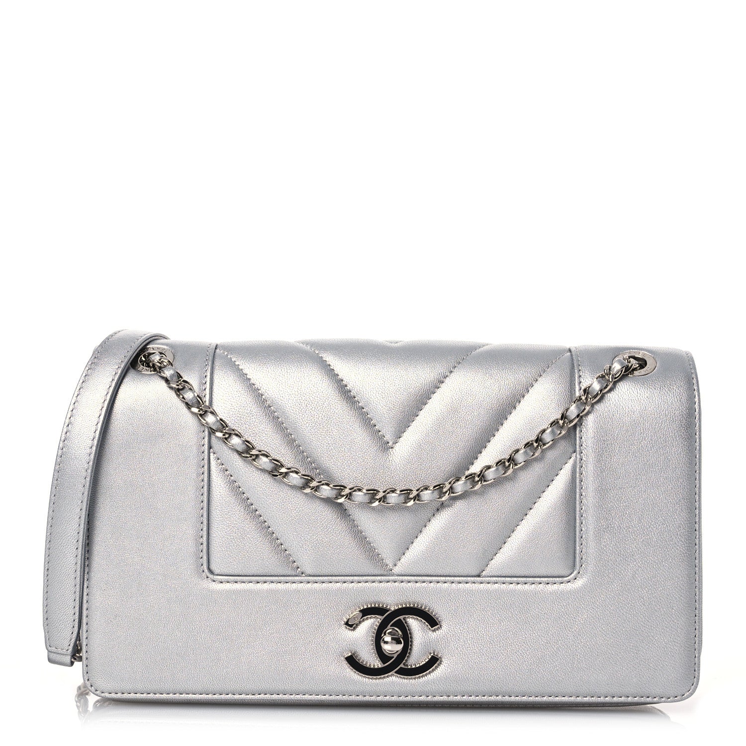 Chanel Metallic Sheepskin Chevron Quilted Medium Vintage Mademoiselle Flap Silver 1 of 17