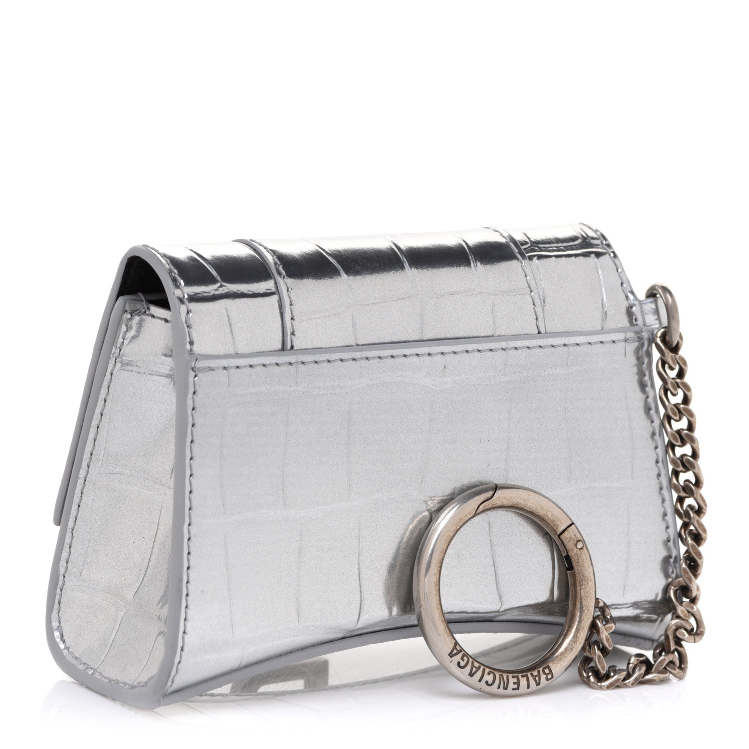 Balenciaga Metallic Calfskin Crocodile Embossed Hourglass Chain Cardholder Silver 3 of 7
