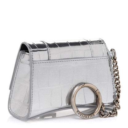 Balenciaga Metallic Calfskin Crocodile Embossed Hourglass Chain Cardholder Silver 3 of 7