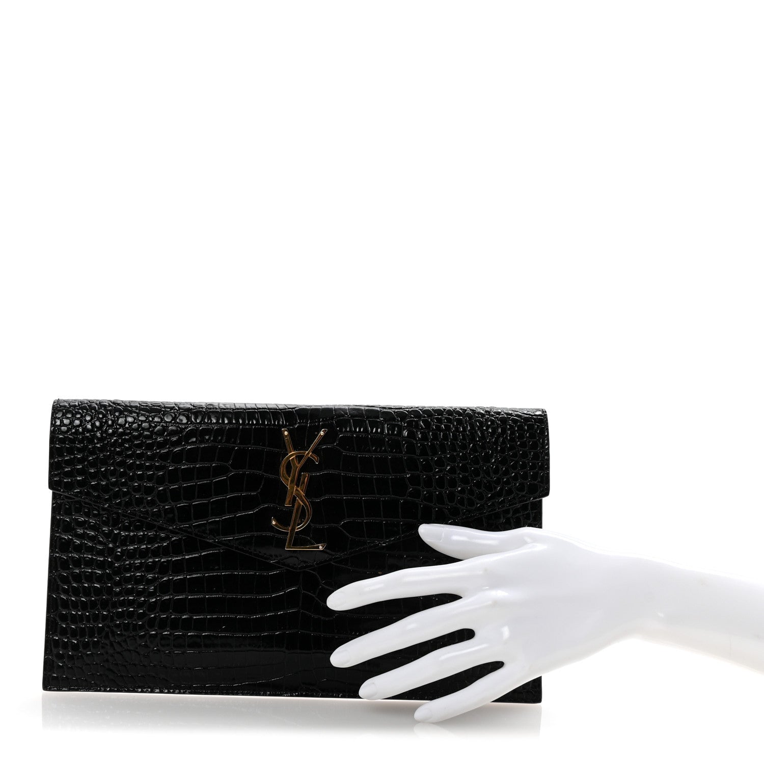 Saint Laurent Calfskin Crocodile Embossed Uptown Monogram Pouch Black 2 of 7