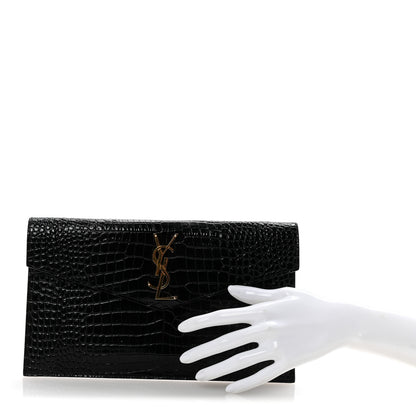 Saint Laurent Calfskin Crocodile Embossed Uptown Monogram Pouch Black 2 of 7
