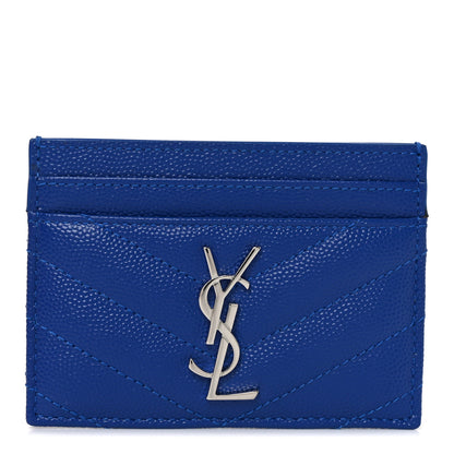 Saint Laurent Grain De Poudre Matelasse Chevron Monogram Credit Card Case Blue Gitano 1 of 7