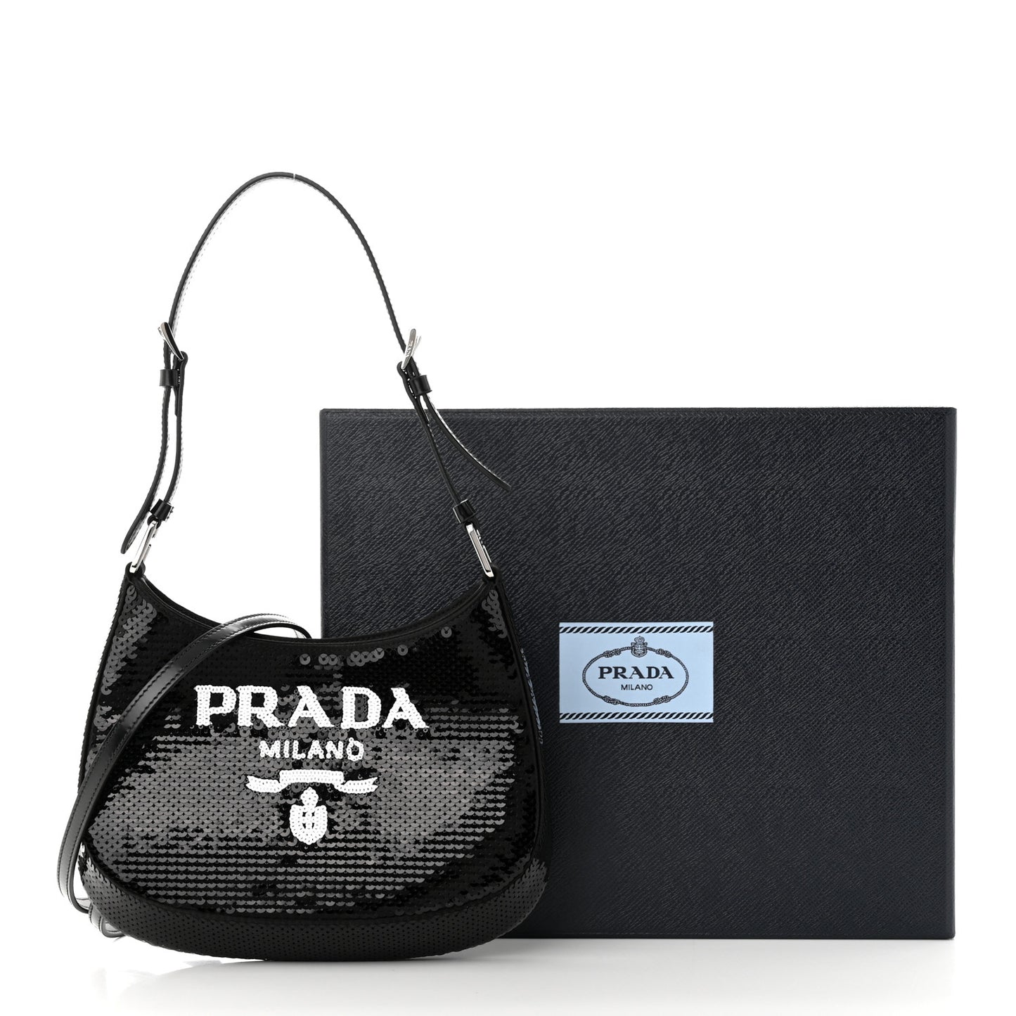 Paillettes Sequin Logo Cleo Adjustable Strap Shoulder Bag Black White