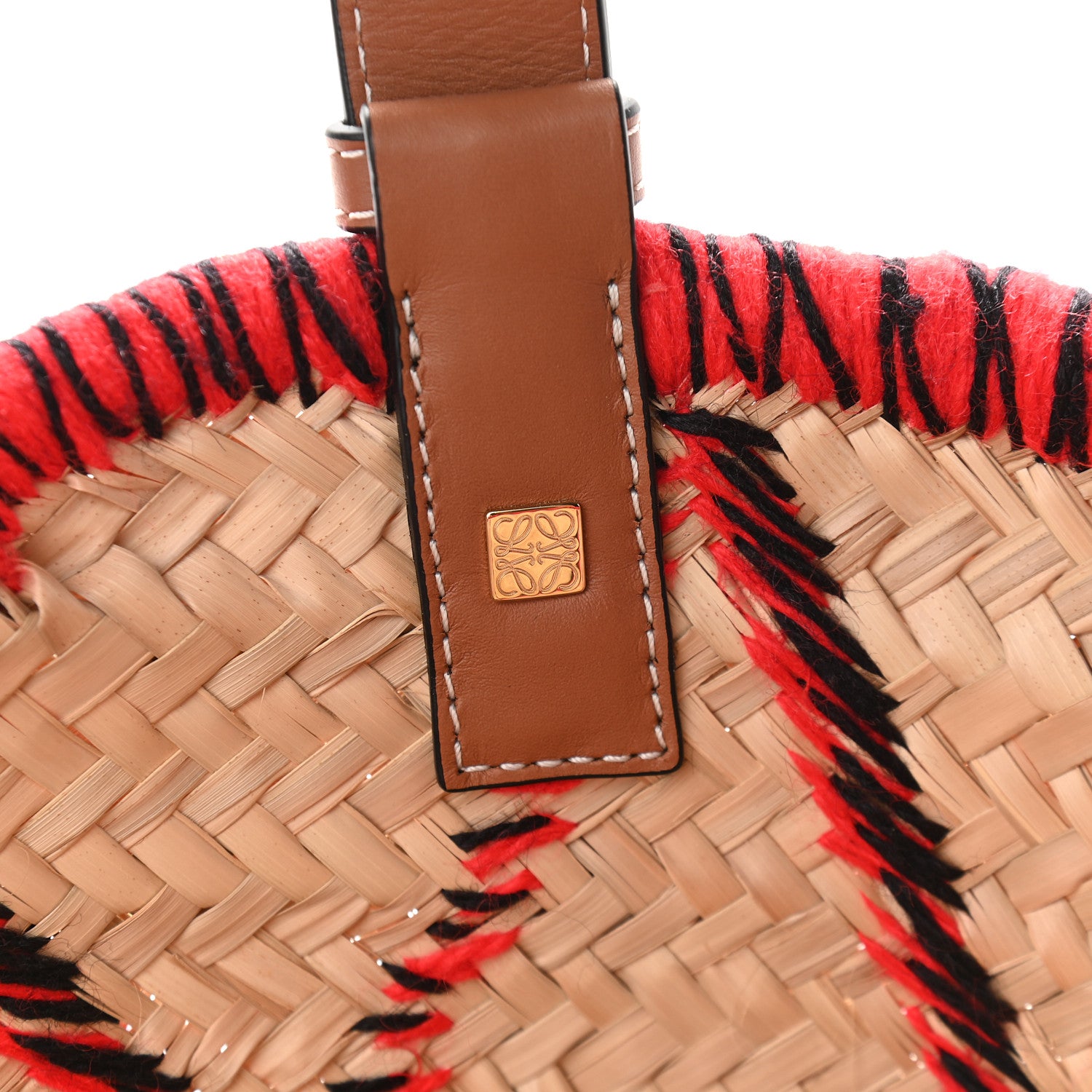 Loewe Embroidered Raffia Basket Tote Bag Natural Tan Red 6 of 8