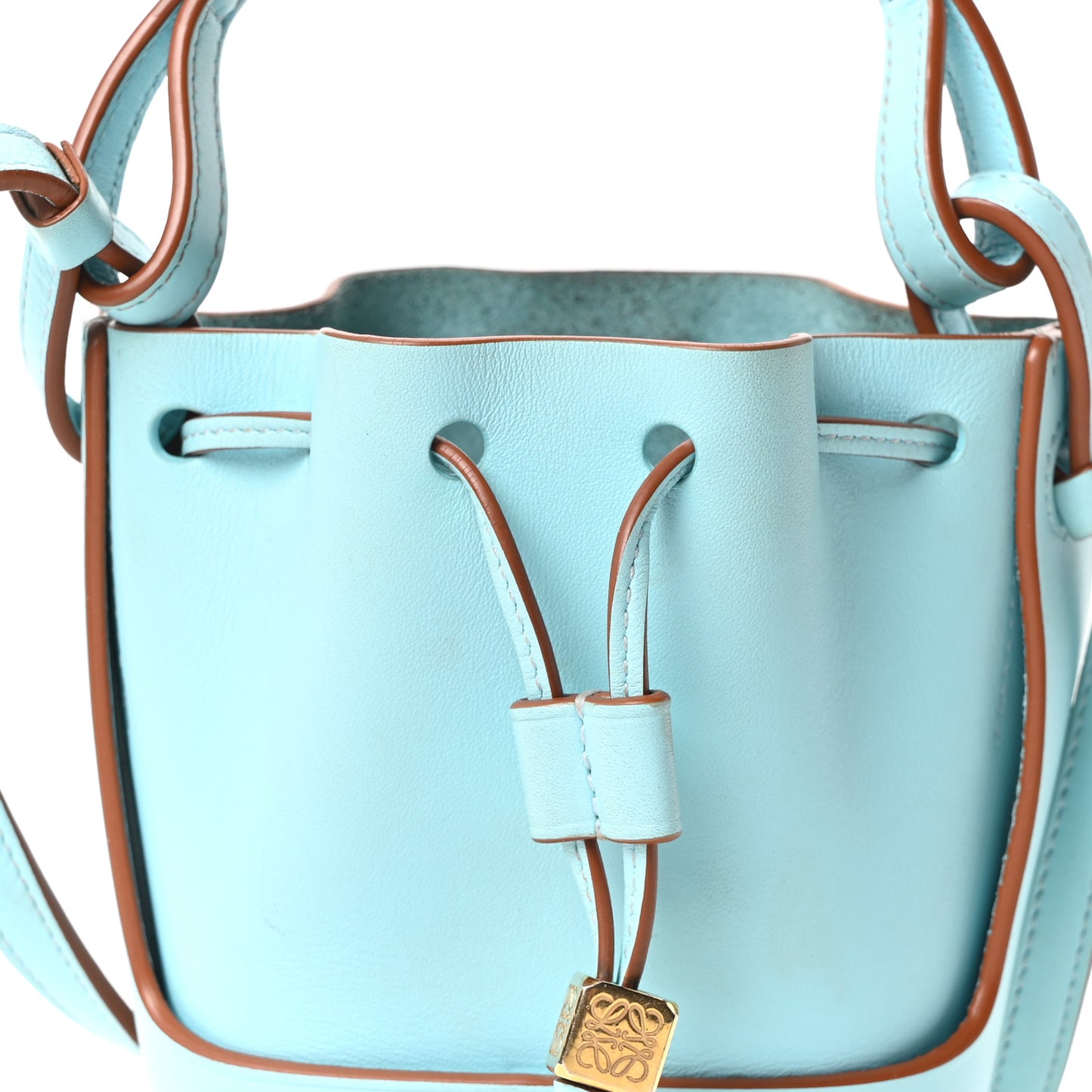 Calfskin Nano Balloon Bucket Bag Light Blue Cognac