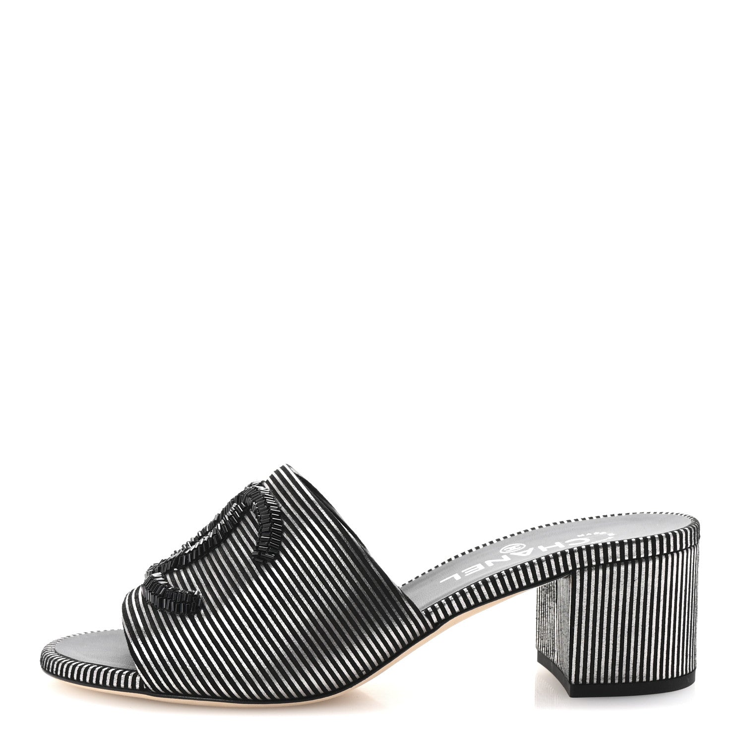 Chanel Calfskin Striped Beaded CC Mule Sandals 37.5 Black 1 of 10