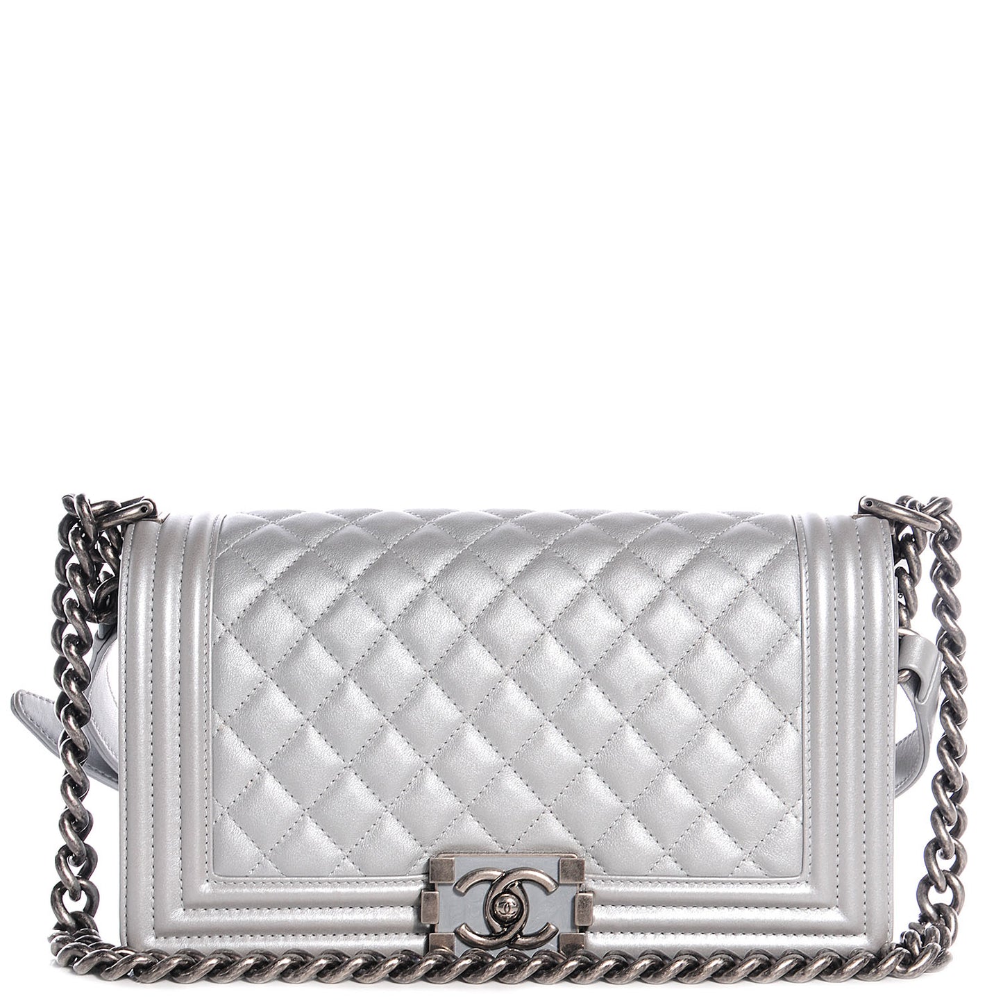 Metallic Calfskin Quilted Medium Boy Flap Silver