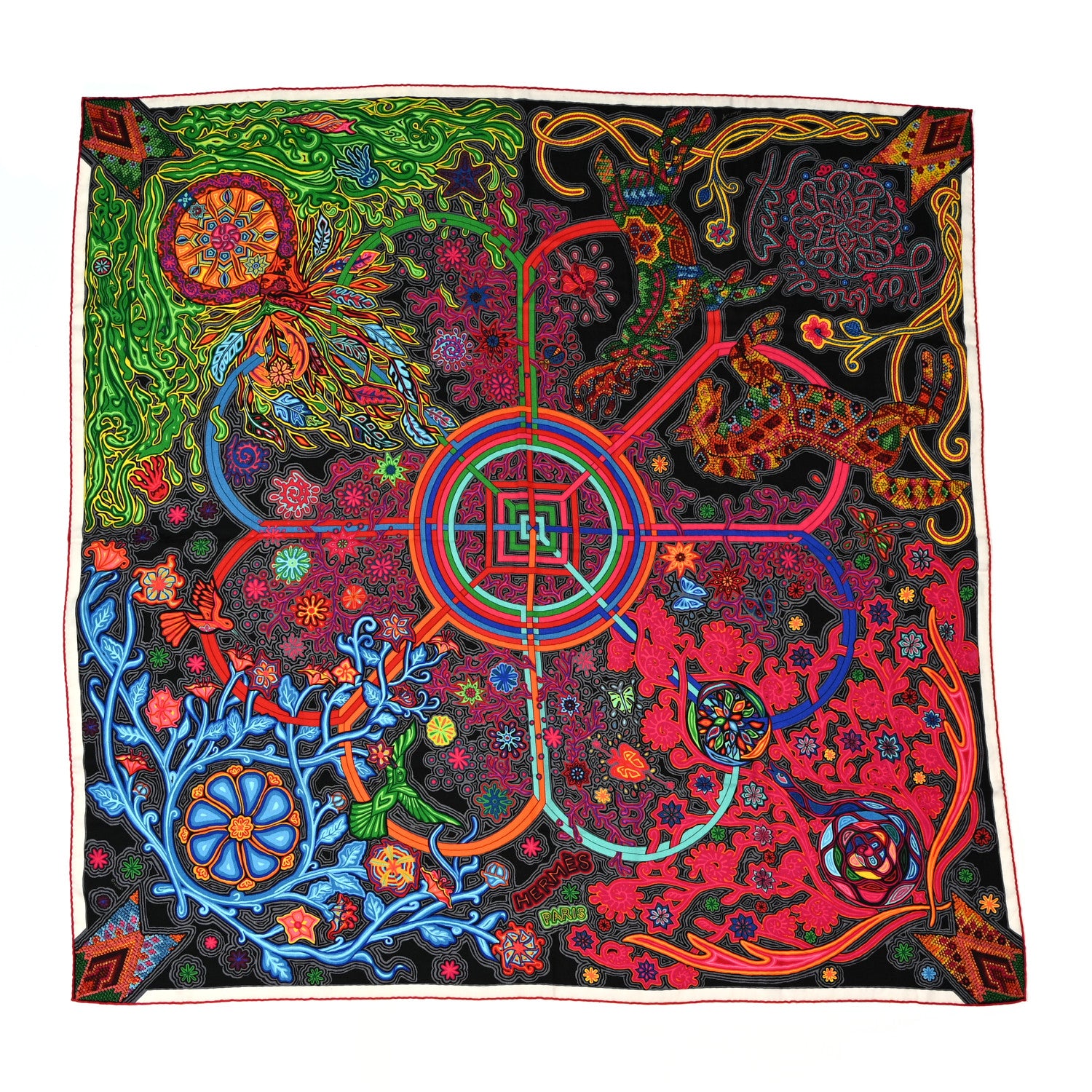 Hermes Cashmere Silk L'Arbre Du Vent Shawl 140 Black Vert Fuchsia 1 of 4
