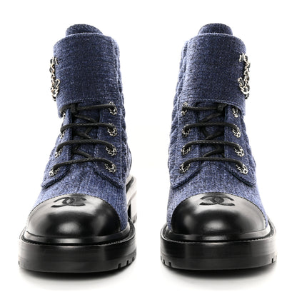 Chanel Denim Calfskin Quilted Lace Up Combat Boots 40 Blue 2 of 13