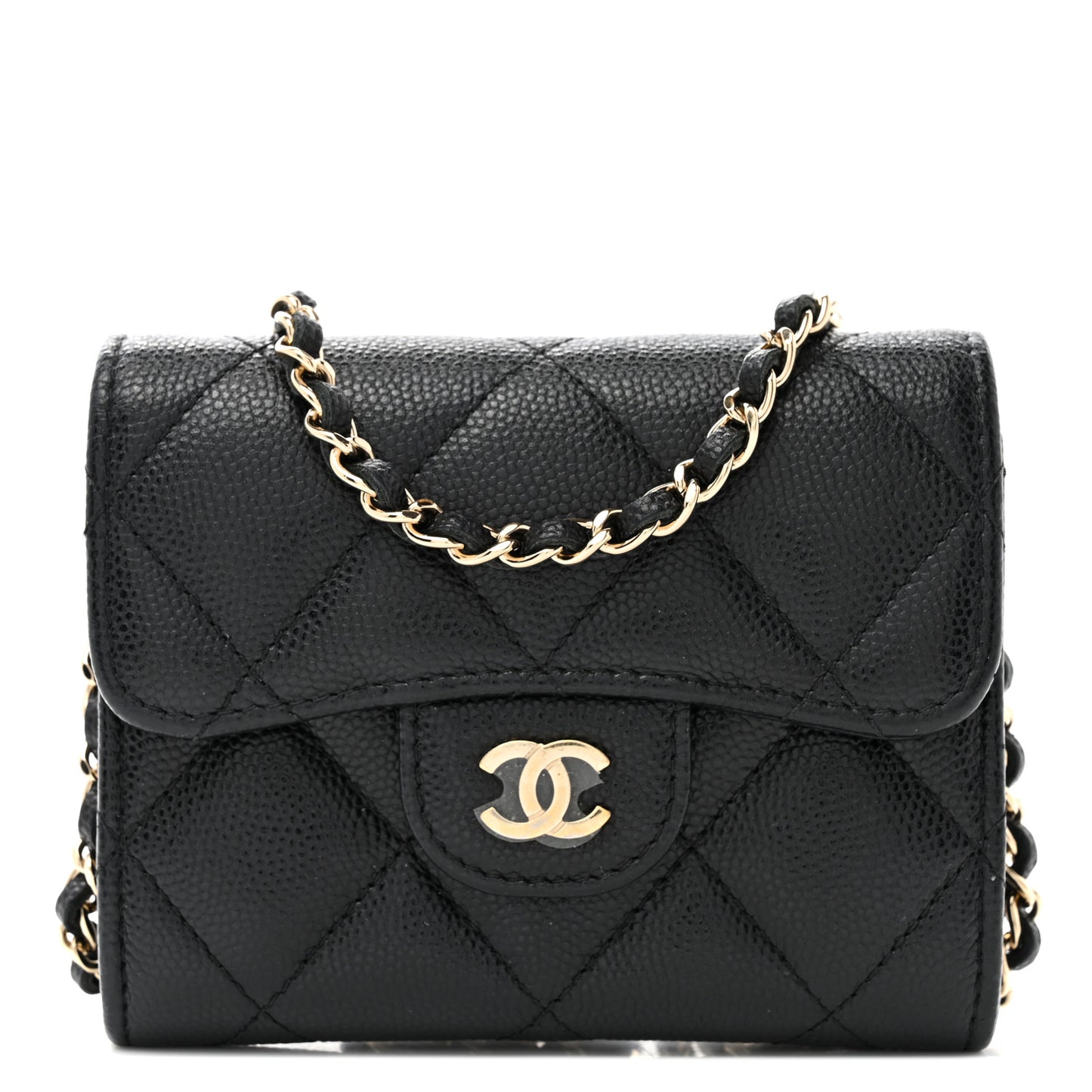 Caviar Quilted Flap Card Holder On Chain Black