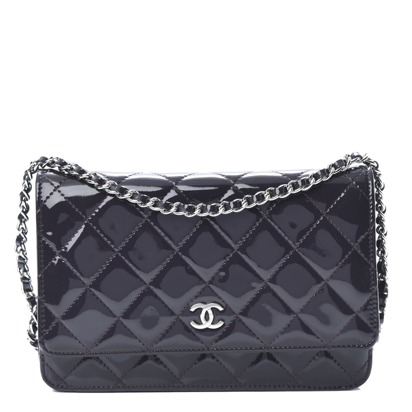 Patent Quilted Wallet On Chain WOC Dark Purple
