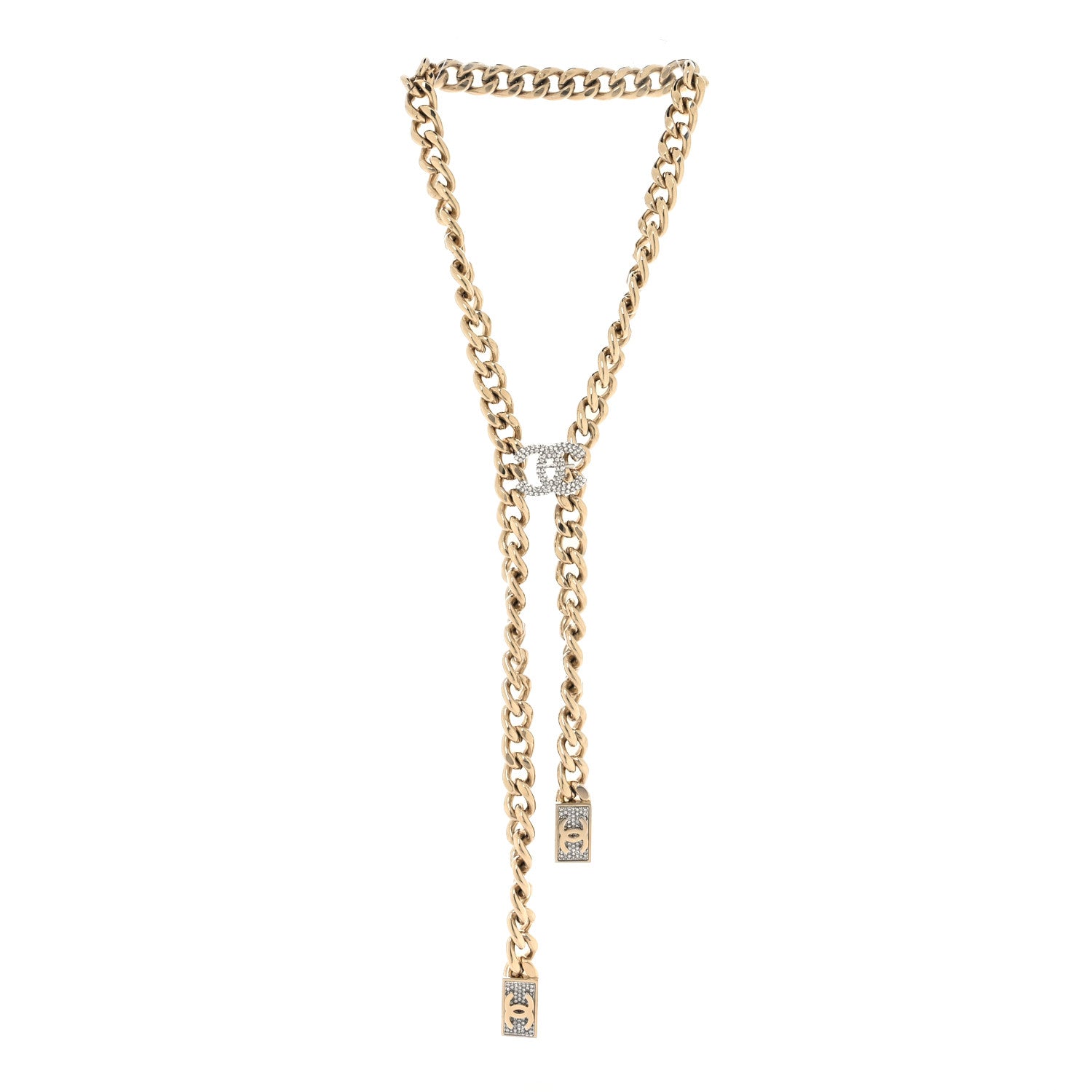 Chanel Chain Link Crystal CC Dog Tag Charm Necklace Gold 3 of 4