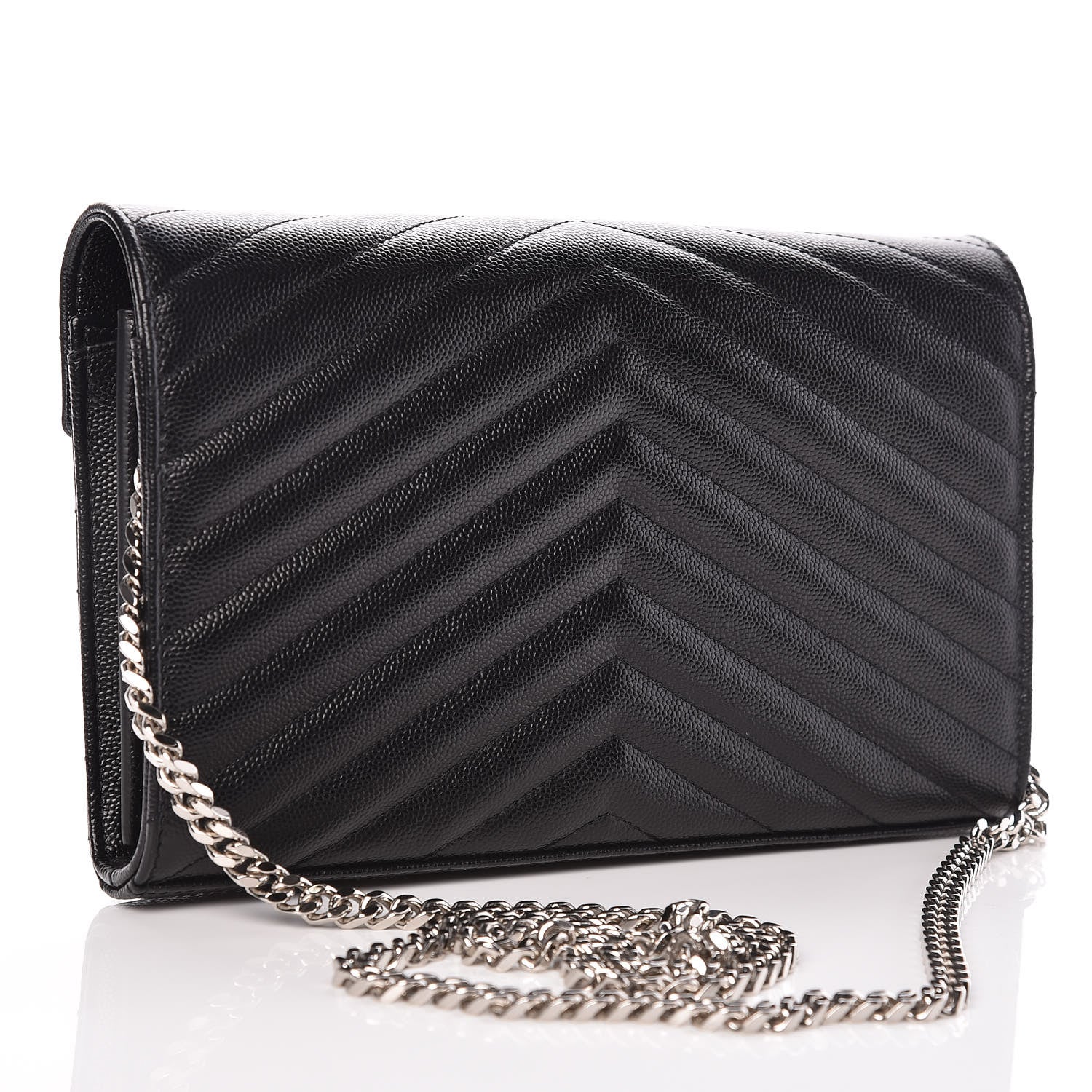 Saint Laurent Grain De Poudre Matelasse Chevron Monogram Chain Wallet Black 3 of 8