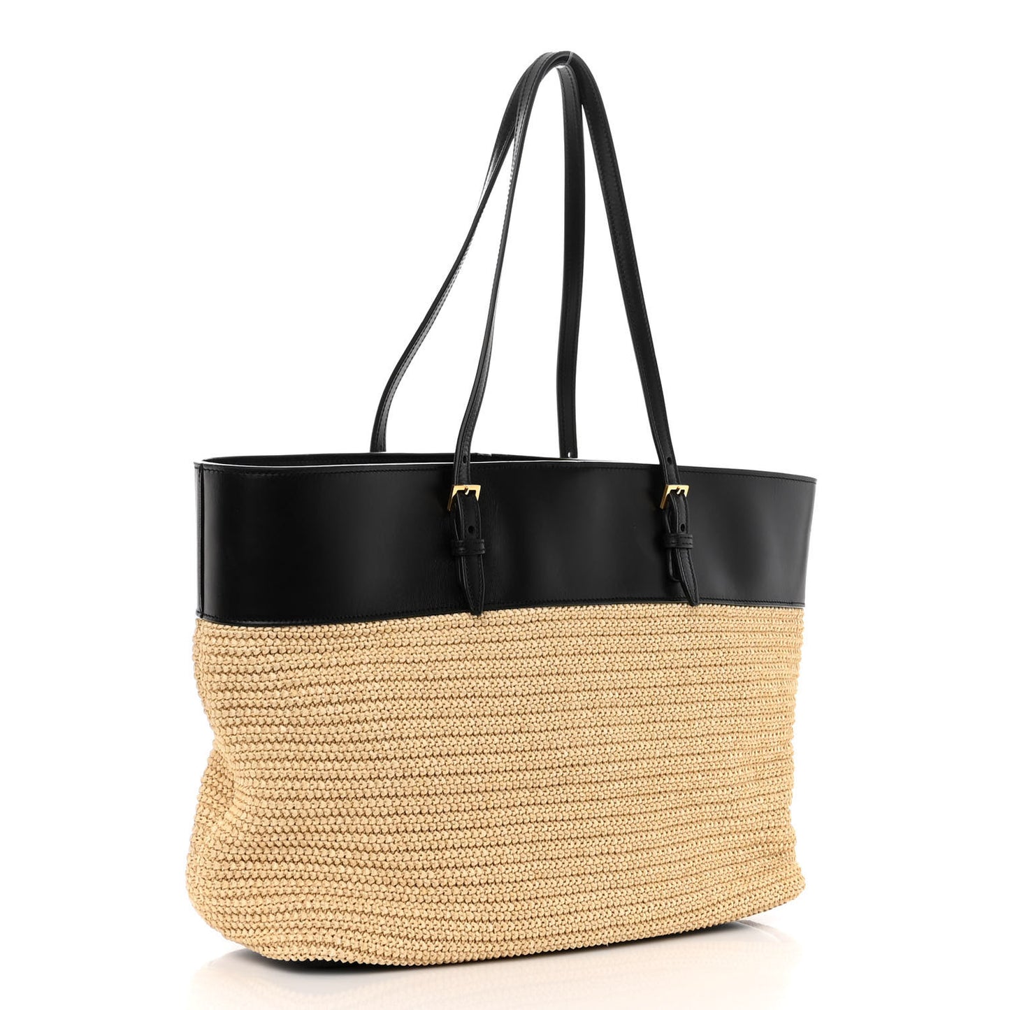 Calfskin Raffia Medium Shopper Tote Naturale Black Naturale Black