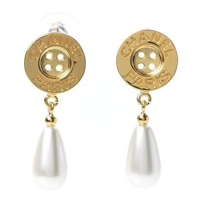 Chanel Metal Pearl Paris Button Drop Earrings Gold 1 of 5