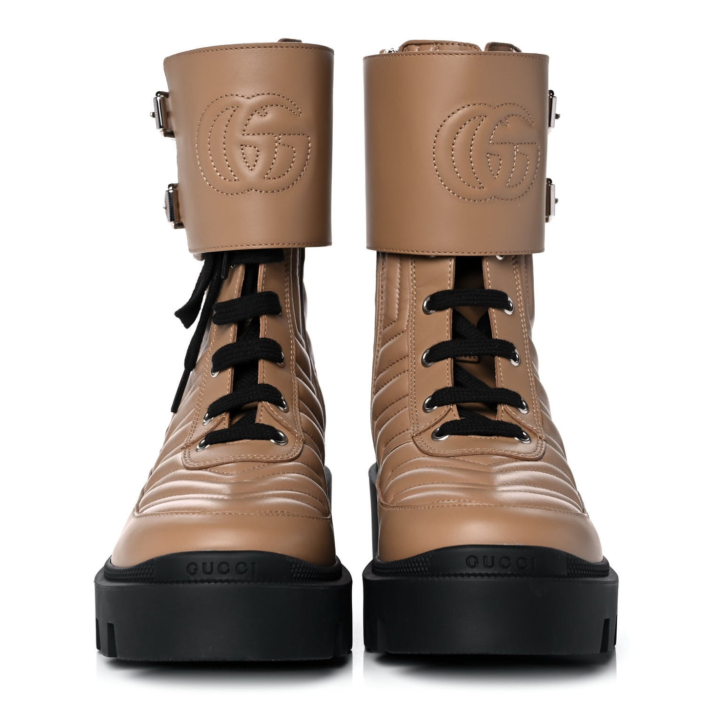 Nappa Frances GG Matelasse Platform Combat Boots 37 Natural Tan