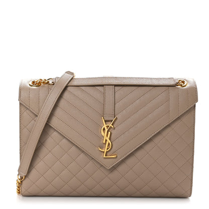 Saint Laurent Grain De Poudre Mixed Matelasse Large Triquilt Monogram Satchel Dark Beige 1 of 10