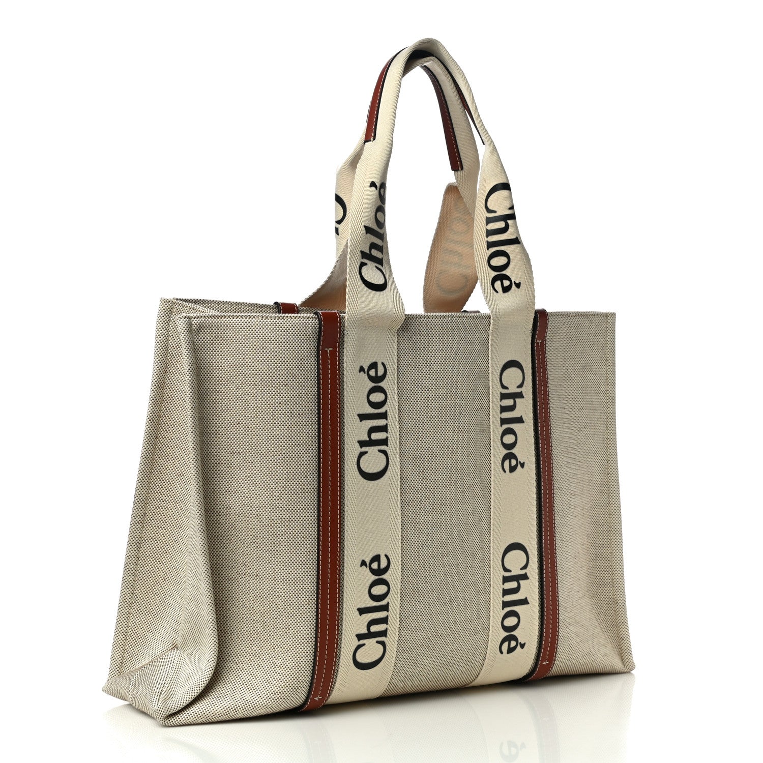 Chloe Cotton Calfskin Large Woody Ribbon Tote White Brown 3 of 10