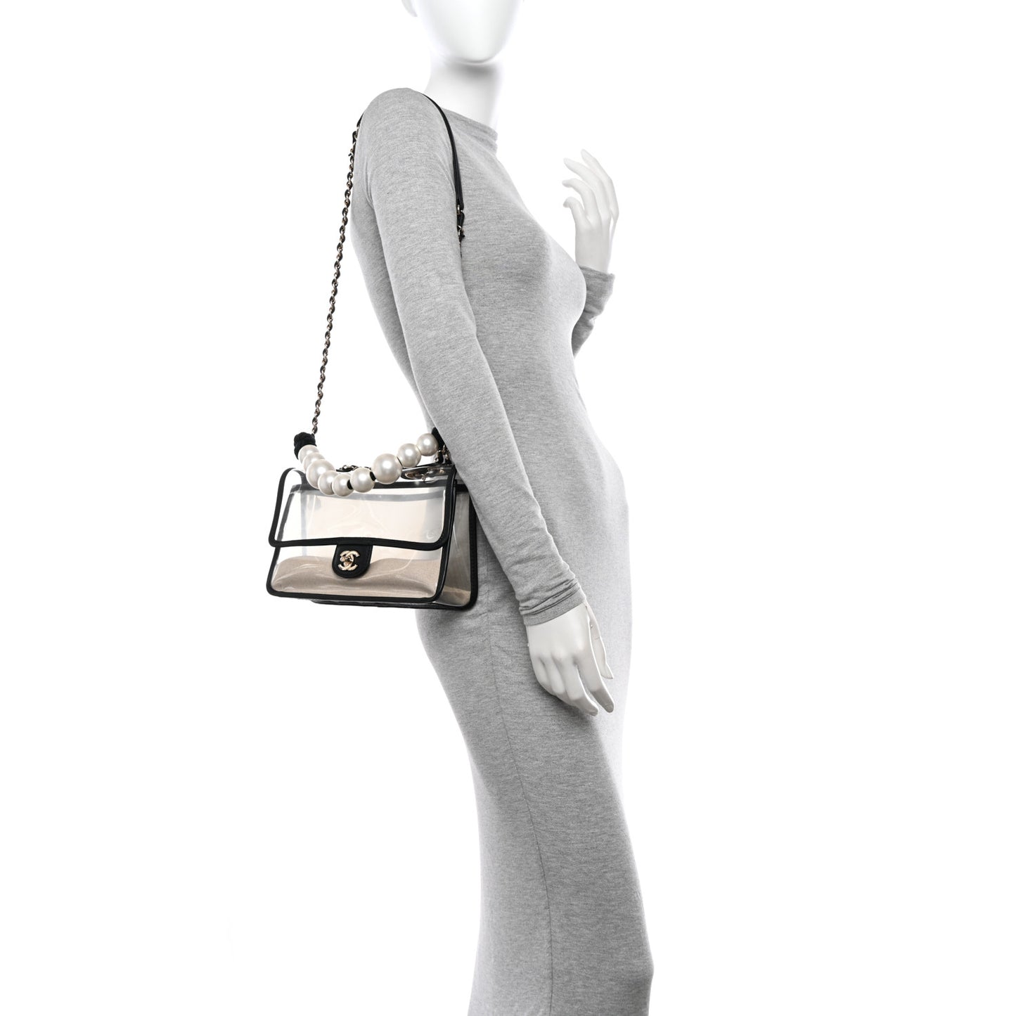 Lambskin PVC Sand By The Sea Flap With Pearl Strap Black