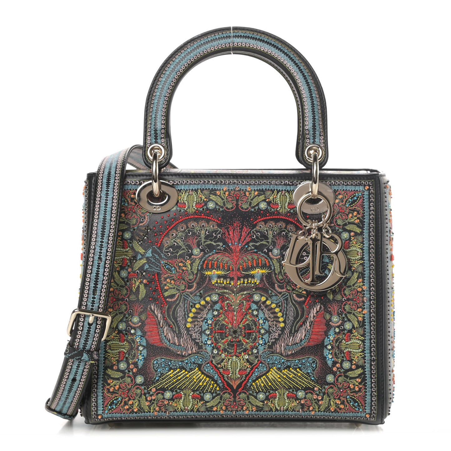 Smooth Calfskin Embroidered Medium Lady Dior Black Multicolor