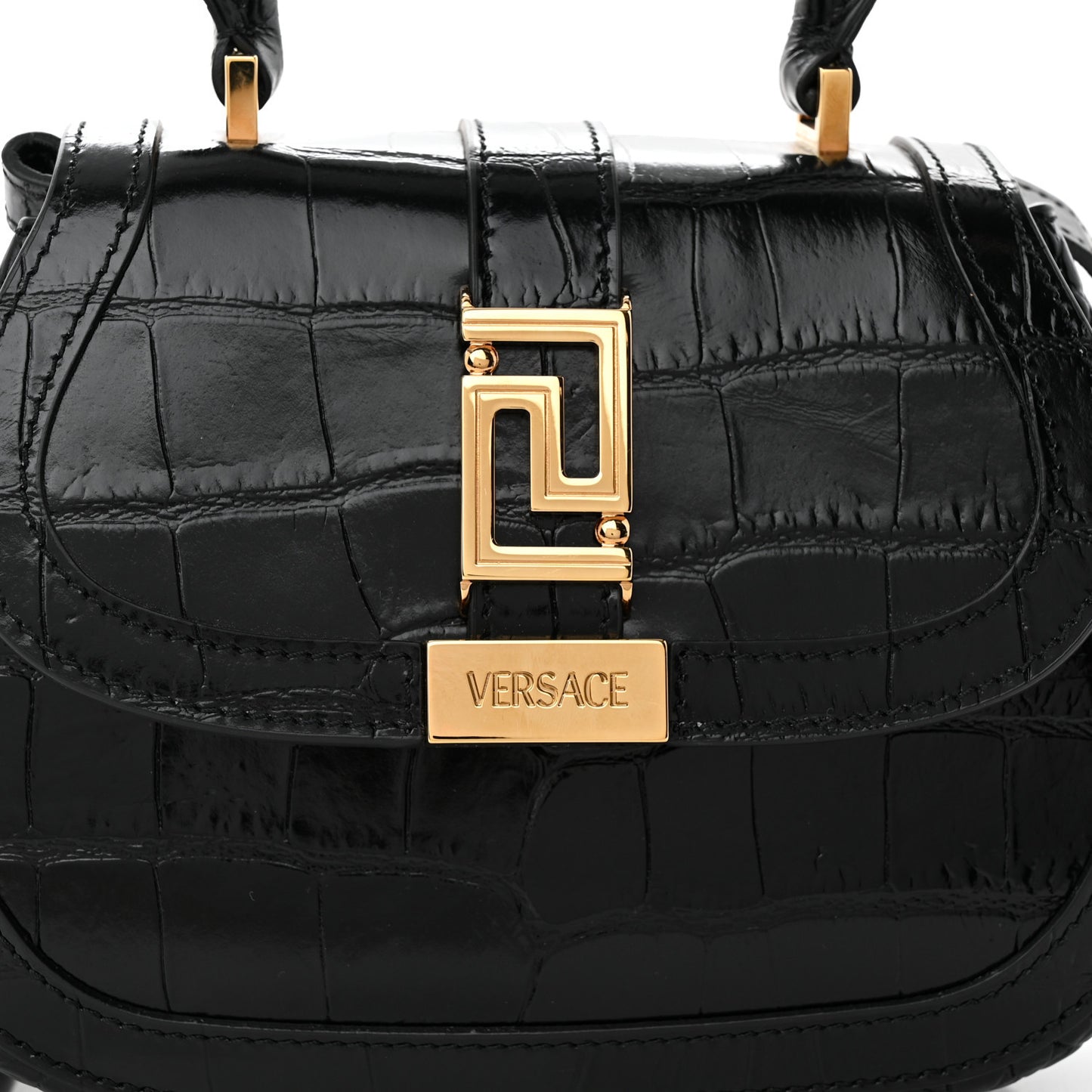 Calfskin Crocodile Embossed Greca Goddess Mini Top Handle Bag Black