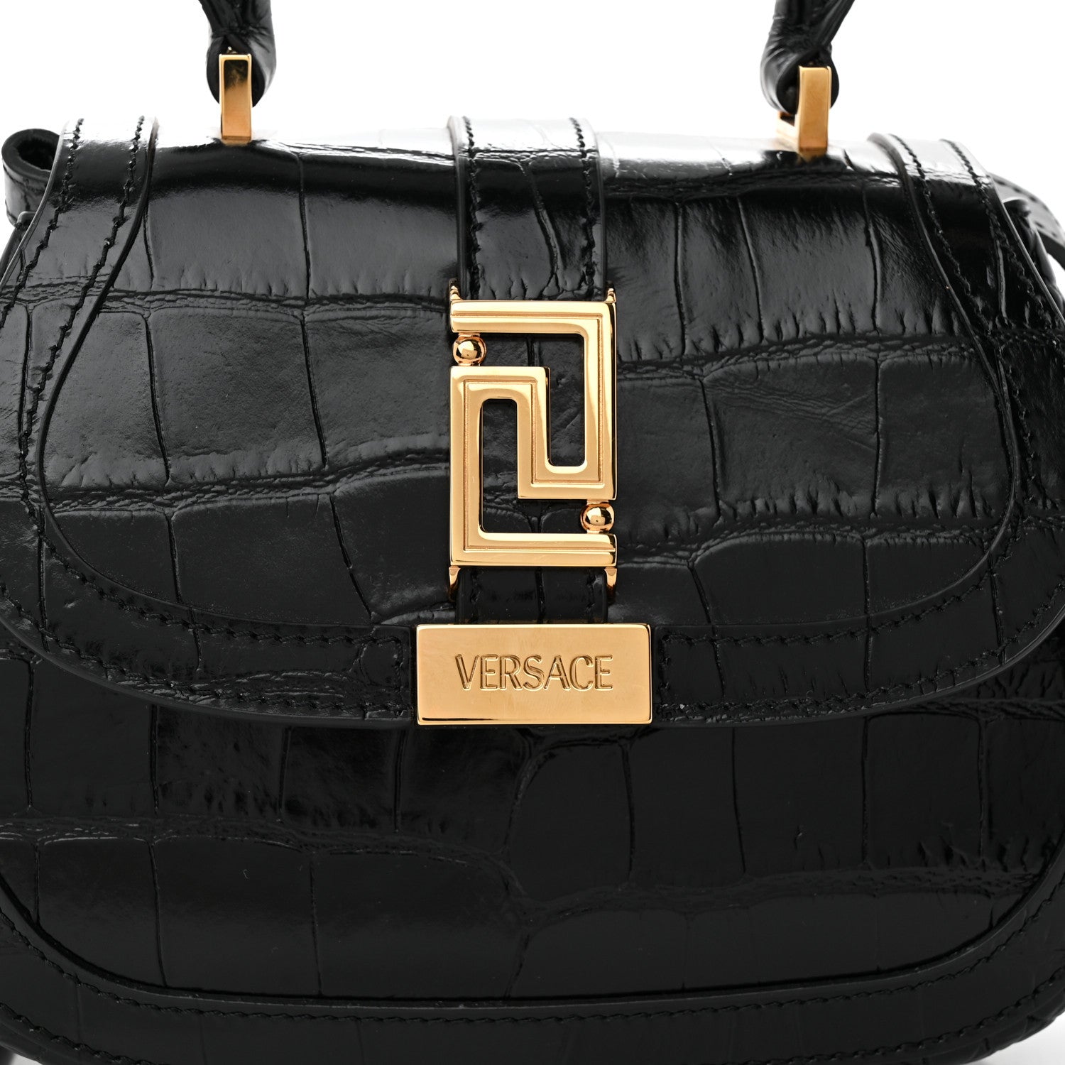 Versace Calfskin Crocodile Embossed Greca Goddess Mini Top Handle Bag Black 7 of 13