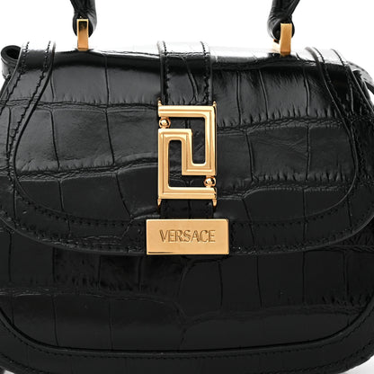 Versace Calfskin Crocodile Embossed Greca Goddess Mini Top Handle Bag Black 7 of 13