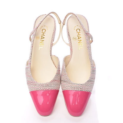 Chanel Tweed Patent Cap Toe CC Slingback Flat 36.5 Pink White 11 of 12