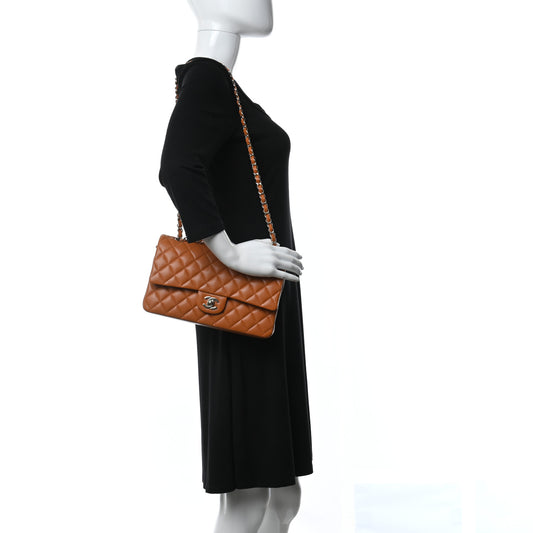 Caviar Quilted Medium Double Flap Light Brown