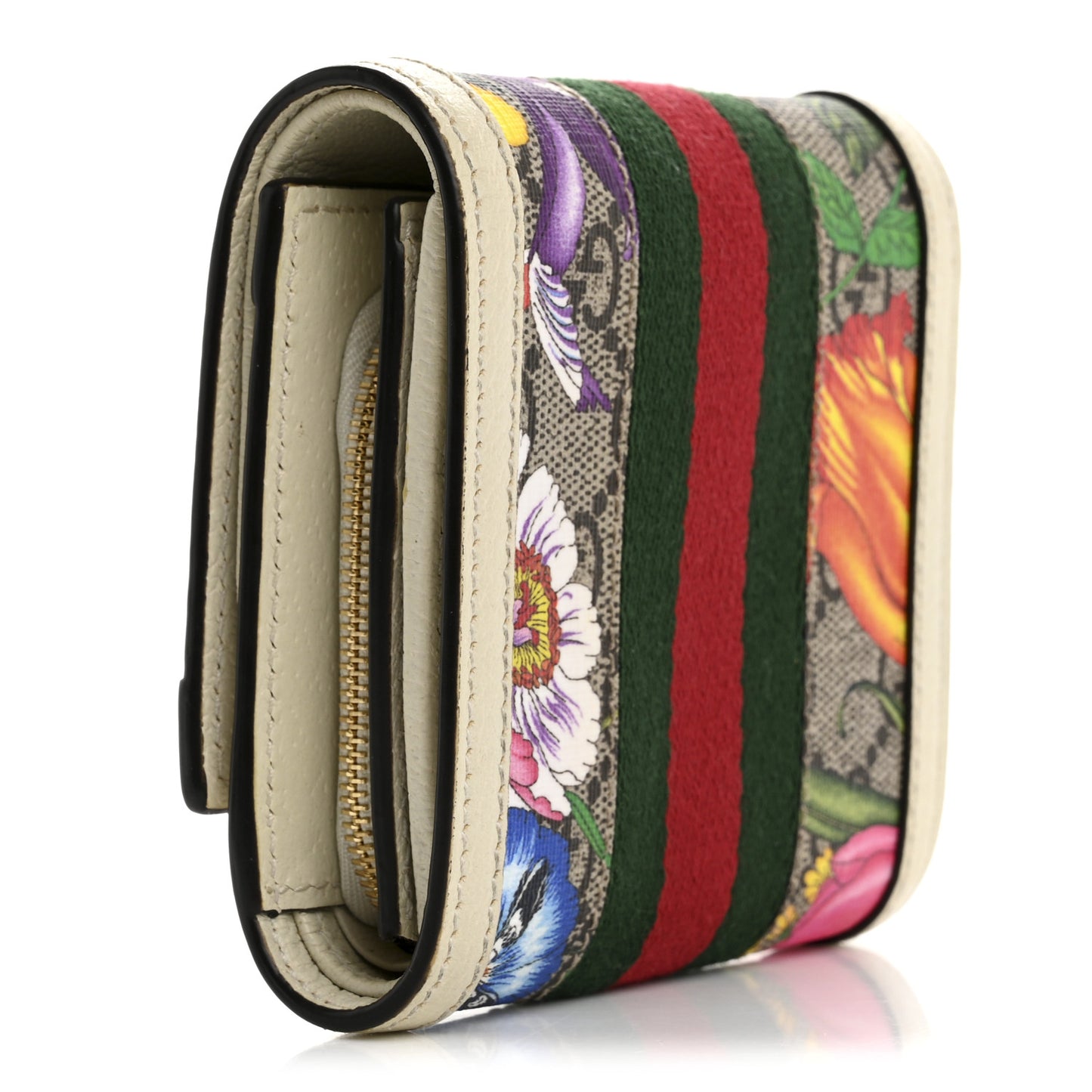GG Supreme Monogram Flora Textured Calfskin Web Ophidia Card Case Wallet Beige Ebony Multicolor Mystic White