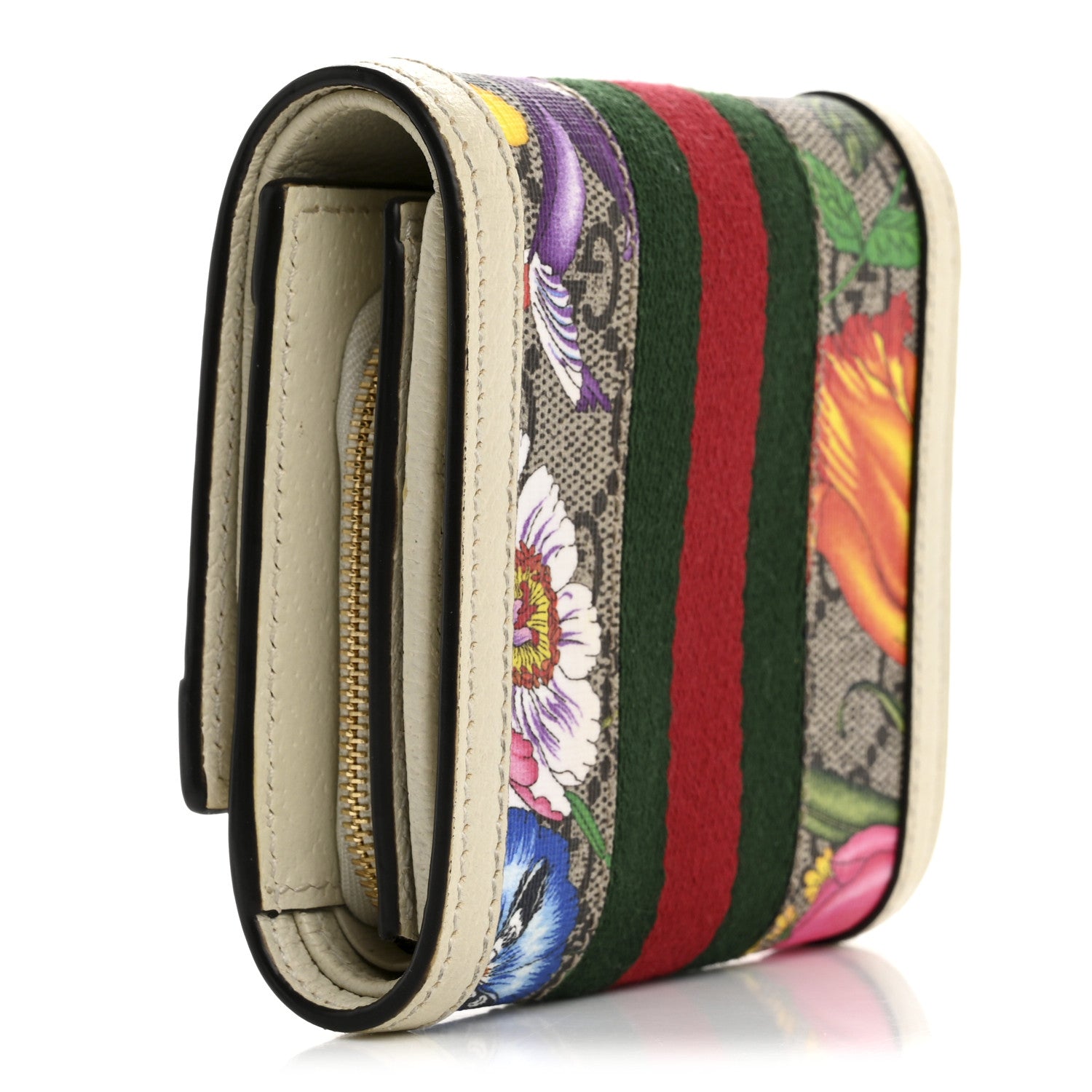 Gucci GG Supreme Monogram Flora Textured Calfskin Web Ophidia Card Case Wallet Beige Ebony Multicolor Mystic White 3 of 13